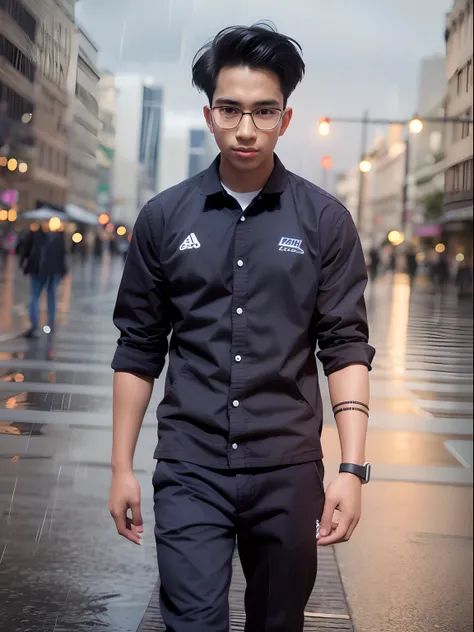 a teenager male, black hair, wear glasses, shirt, pants, dark night, heavy rain, lake, fog, lonely, eye reflection, streaming tears, panorama, ray tracing, reflection light, chiaroscuro, cinematic lighting, depth of field, masterpiece, best quality, high d...