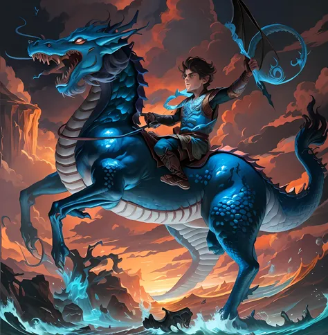 Close-up of a boy riding a blue dragon on the waves..,evening, Dragon Rider, epic fantasy digital art style, Dragon Ride, epic fantasy art style, digital painting greek mythology, Epic Fantasy Illustration, Rob Ray, Joe Biden rides a dragon, Digital Fantas...