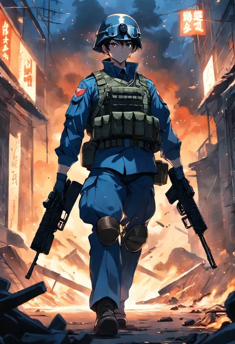 Tall soldiers, bulletproof vest, (soldier uniform), blue, weapon, gatling gun, gas mask, rank on the side of clothing, horizon, full fire