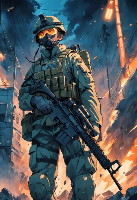 Tall soldiers, bulletproof vest, (soldier uniform), blue, weapon, gatling gun, gas mask, rank on the side of clothing, horizon, full fire