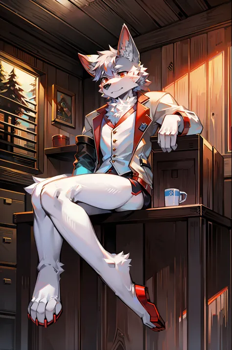 Silver high-fidelity robot wolf，Wear a white vest，red short，Sitting in the cabin，Legs raised