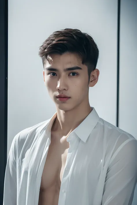 ( (8K:1.27), 4K，best qualtiy, tmasterpiece, 超高分辨率:1.2) Chinese man photo, young  male，Perfect face，perfect bodies，white  shirt，clothes see-through，Expose abs，realskin，super detailing