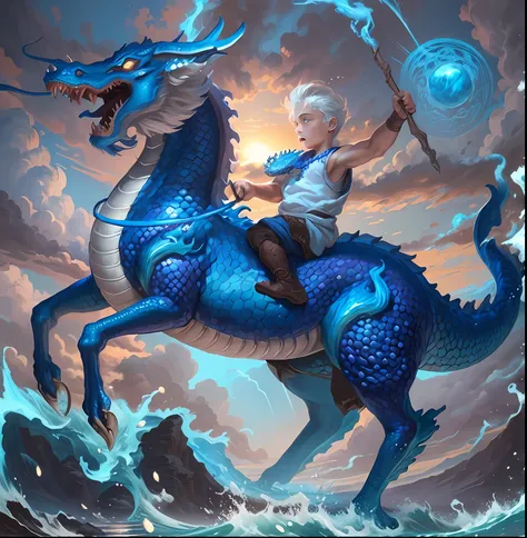 Close-up of a boy riding a blue dragon on the waves.., Dragon Rider, epic fantasy digital art style, Dragon Ride, epic fantasy art style, digital painting greek mythology, Epic Fantasy Illustration, Rob Ray, Joe Biden rides a dragon, Digital Fantasy Illust...