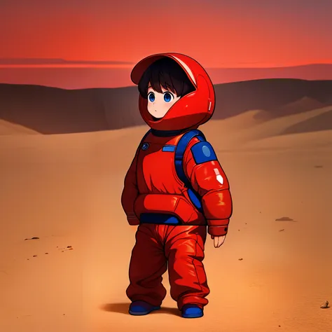 masterpiece,best quality, little boy walking on mars,spacesuit,3 moons,space,，chinese red，blue earth，space deep sky