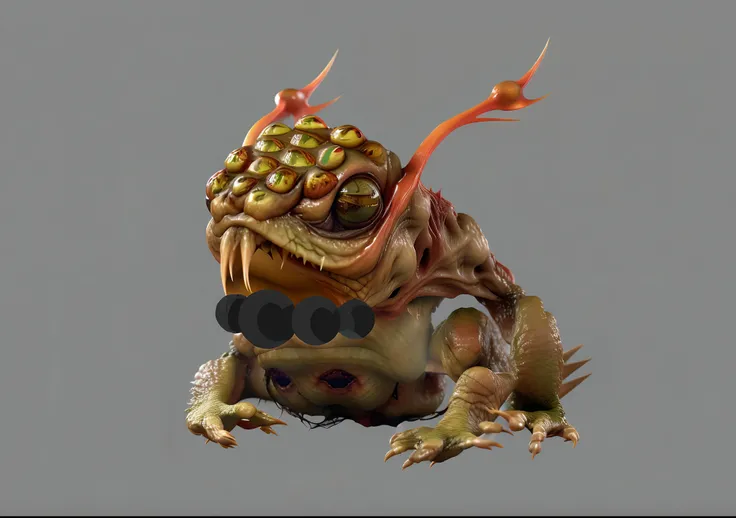 There is a frog with a long tongue and many eyes on its head, a mouth with pointy teeth and an evil baby face on its stomach, Japanese monster, japan samurai frog, realistic creature concept, frog, marmoset rendering, toad warrior, highly detailed creature...