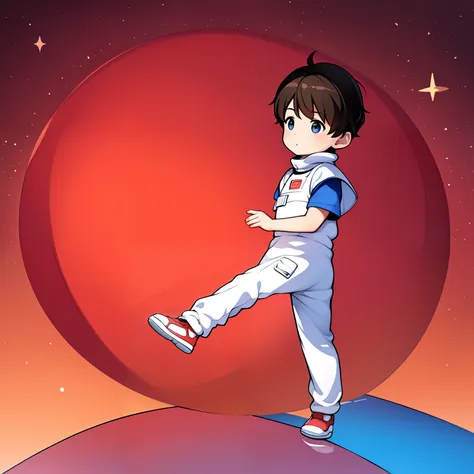 masterpiece,best quality, little boy walking on mars,spacesuit,3 moons,space,，chinese red，blue earth，space deep sky