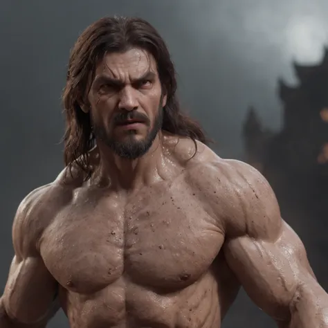 (professional 3d render:1.3) af (Realistic:1.3) most beautiful artwork photo in the world，Features soft and shiny male heroes, ((Epic hero fantasy muscle man rough wet hero angry looking long hair short beard and ferocious expression in dynamic pose, Fanta...