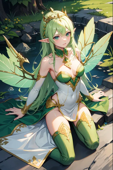 high-level elf, petite, masterpeices, dragonflies wings, holy crest tattoo, elf crown, solo, lime green and white color, queen aura, perfect body shape, fantasy arts