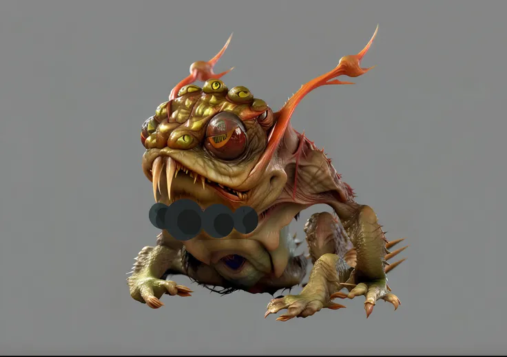 There is a frog with a long tongue and many eyes on its head, a mouth with pointy teeth and an evil baby face on its stomach, Japanese monster, japan samurai frog, realistic creature concept, frog, marmoset rendering, toad warrior, highly detailed creature...