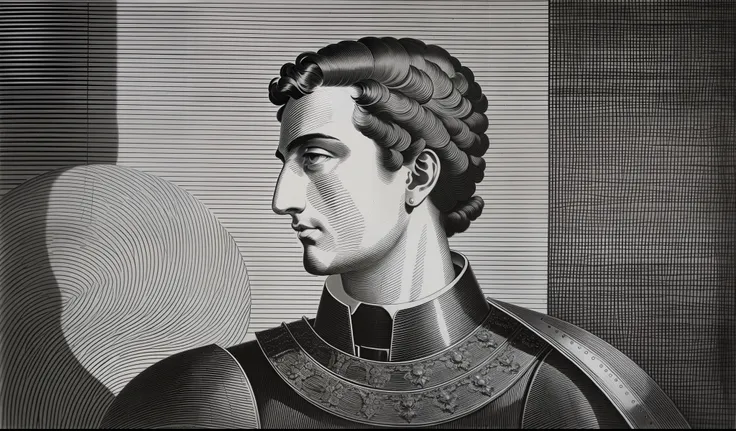 a black and white drawing of a man in a suit of armor, by Mariotto Albertinelli, black and white engraving, by Giorgio Giulio Clovio, bust portrait of a knight, a mid-nineteenth century engraving, inspired by Giovanni Battista Innocenzo Colombo, tiziano ve...