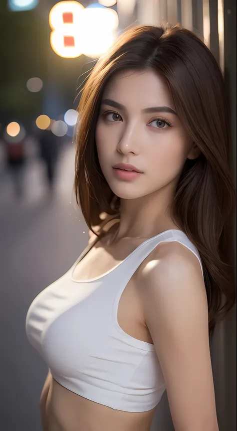 ((Realistic lighting, Best quality, 8K, Masterpiece: 1.3)), Clear focus: 1.2, 1girl, Perfect Figure: 1.4, Slim Abs: 1.1, ((Dark brown hair)), (White crop top: 1.4), (Outdoor, Night: 1.1), City streets, Super fine face, Fine eyes, Double eyelids,