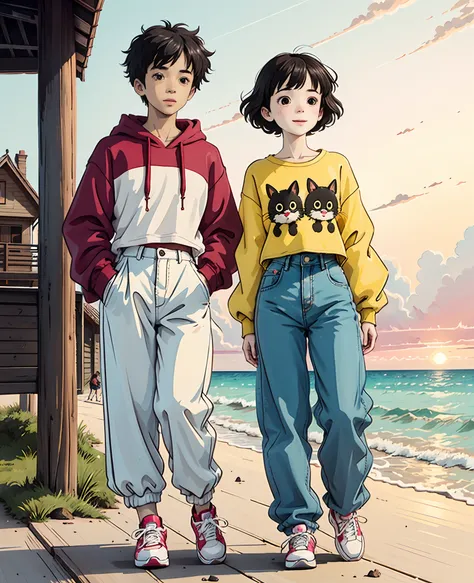 a teenage girl and a teenager on the beach，take a full-body photo，happy face。the boy wears a short yellow sweatshirt，red sneaker...