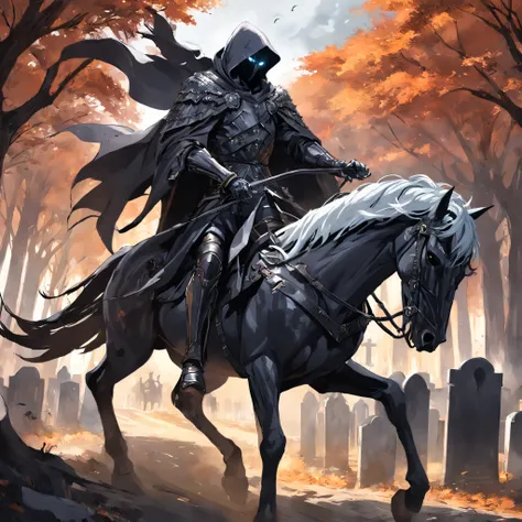 a man riding on the back of a horse in a cemetery, Artstation contest winner, gothic art, portrait of grim reaper, shining armour made of steel, dark. no text, detailed image, graveside, grim gwent card, covet death, award winning concept artist, editorial...