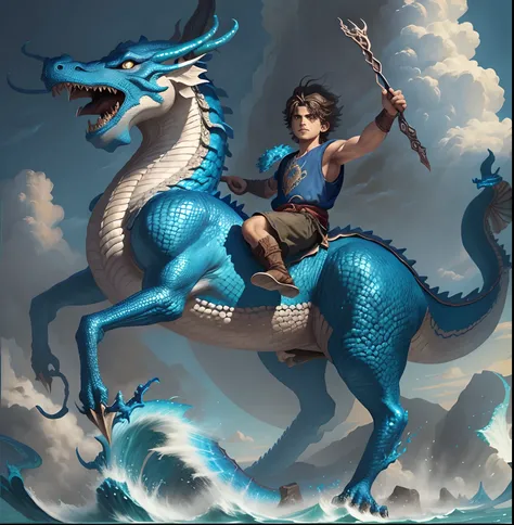 Close-up of a boy riding a blue dragon on the waves..., Dragon Rider, epic fantasy digital art style, Dragon Ride, epic fantasy art style, digital painting greek mythology, Epic Fantasy Illustration, Rob Ray, Joe Biden rides a dragon, Digital Fantasy Illus...