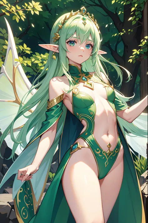 high-level elf godness, petite, masterpeices, dragonflies wings, holy crest tattoo, elf crown, solo, lime green and white color, queen aura, perfect body shape, fantasy arts, world tree background, wind and leaves effect