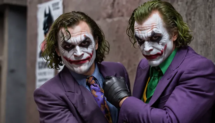 "Batman confronting the Joker with angry expression as the Joker laughs in his face. Ao fundo, a wall with several reward posters to capture the Joker."