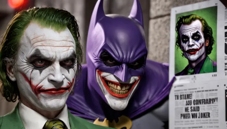 "Batman confronting the Joker with angry expression as the Joker laughs in his face. Ao fundo, a wall with several reward posters to capture the Joker."