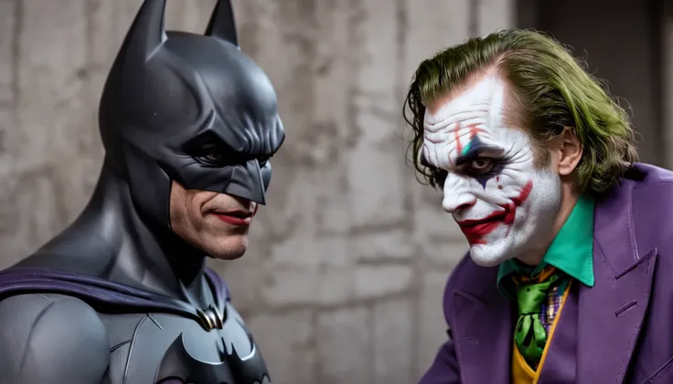 "Batman confronting the Joker with angry expression as the Joker laughs in his face. Ao fundo, a wall with several reward posters to capture the Joker."