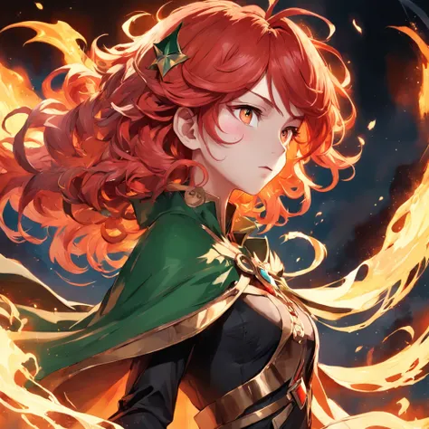 a person with a red hair and a green cape, by Yang J, pixiv contest winner, fantasy art, wreathed in flame, the magician, with curly red hair, discord profile picture, an epic portrayal of the sandman, artbook artwork, quirky king of faes ( with long, tric...