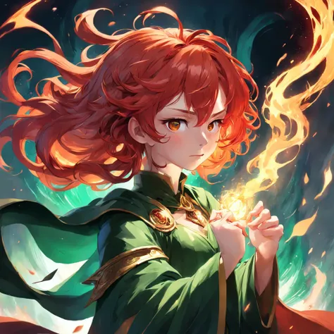 a person with a red hair and a green cape, by Yang J, pixiv contest winner, fantasy art, wreathed in flame, the magician, with curly red hair, discord profile picture, an epic portrayal of the sandman, artbook artwork, quirky king of faes ( with long, tric...