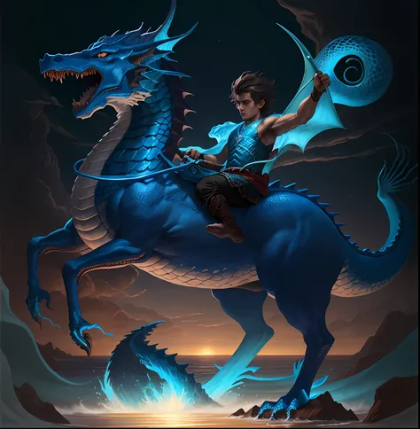 Close-up of a boy riding a blue dragon on the waves...., Dragon Rider, epic fantasy digital art style, Dragon Ride, epic fantasy art style, digital painting greek mythology, Epic Fantasy Illustration, Rob Ray, Joe Biden rides a dragon, Digital Fantasy Illu...