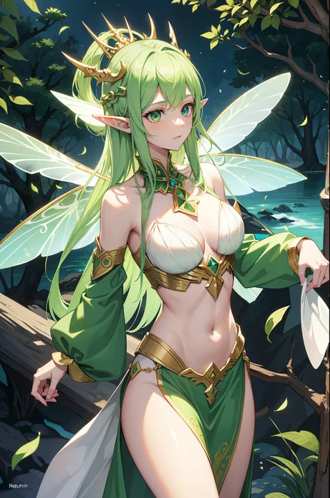 high-level elf godness, masterpeices, dragonflies wings, holy crest tattoo, elf crown, solo, lime green and white color, queen aura, perfect body shape, fantasy arts, world tree background, wind and leaves effect