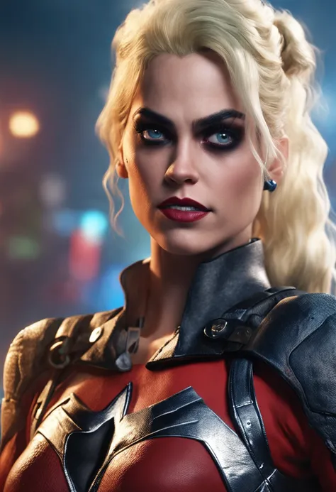 "(8k RAW photo, best quality, masterpiece:1.2) ultra-detailed official art, photo-realistic:1.37, upper body shot, DC harley quinn, beautiful blonde, green eyes, film grain, action pose",perfecteyes