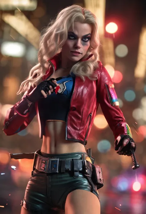 "(8k RAW photo, best quality, masterpiece:1.2) ultra-detailed official art, photo-realistic:1.37, upper body shot, DC harley quinn, beautiful blonde, green eyes, film grain, action pose",perfecteyes