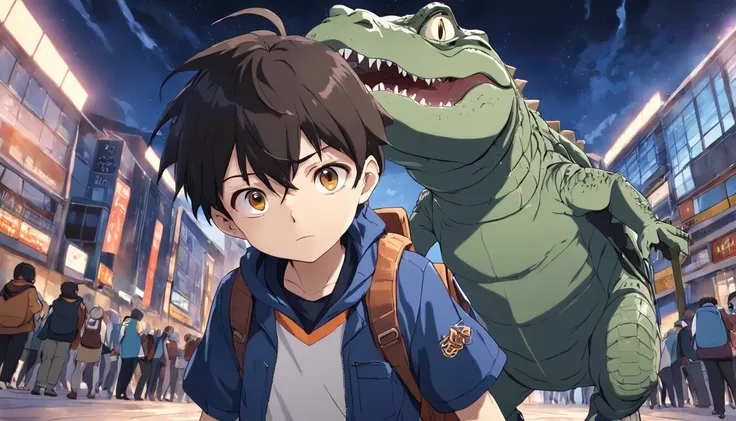 um menino, Garolo with backpack created by alligators in high school , na escola , escola , escola , childrens , estudando , desenho anime