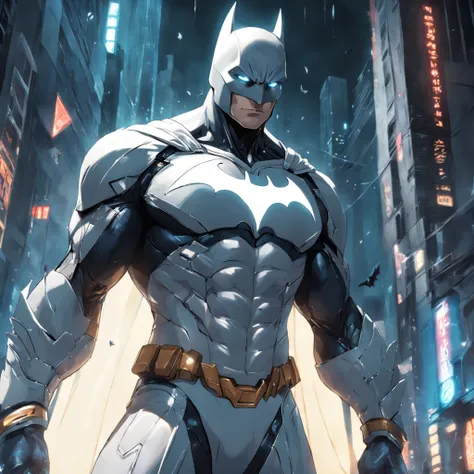 A realistic depiction of an advanced cyber suit-wearing white Batman.