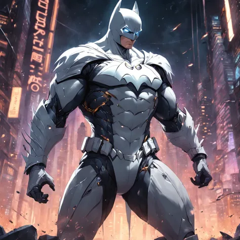 A realistic depiction of an advanced cyber suit-wearing white Batman.