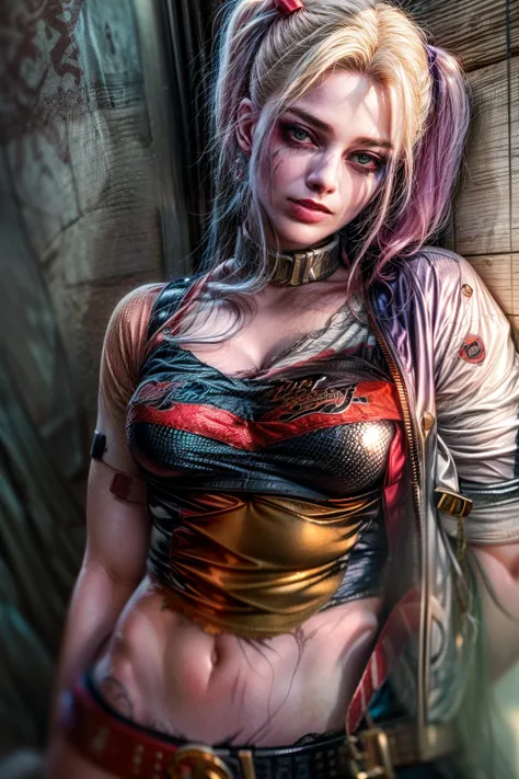 "(8k RAW photo, best quality, masterpiece:1.2) ultra-detailed official art, photo-realistic:1.37, upper body shot, DC Harleen arlequina, beautiful blonde, green eyes, film grain, action pose",perfecteyes,harleyquinn