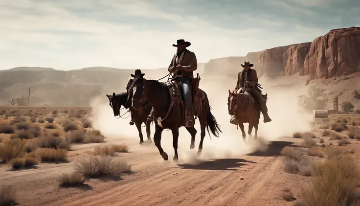 Old West American - Drawing - Six Gunslingers ride down a dusty road in Kansas. - Realistic - Cinematic -- ar 16:9