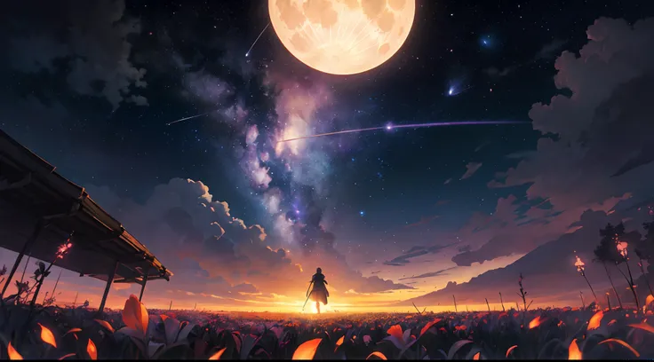 expansive landscape photograph , (a view from below that shows sky above and open field below), a girl standing on flower field looking up, (full moon:1.2), ( shooting stars:0.9), (nebula:1.3), distant mountain, tree BREAK
production art, (warm light sourc...