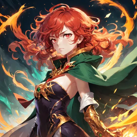 a person with a red hair and a green cape, by Yang J, pixiv contest winner, fantasy art, wreathed in flame, the magician, with curly red hair, discord profile picture, an epic portrayal of the sandman, artbook artwork, quirky king of faes ( with long, tric...