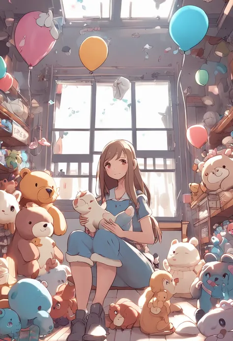 Anime girl with lots of stuffed animals and a cat, Lindo arte digital detallado, por Ryan Yee, Lindo estilo de arte, Adorable pintura digital, Lindo arte digital, lindas ilustraciones detalladas, digital anime illustration, 3D render arte oficial, Arte ofi...