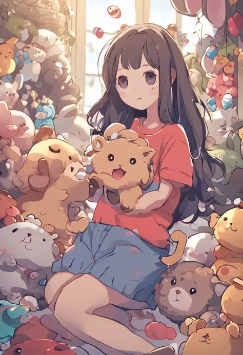 Anime girl with lots of stuffed animals and a cat, Lindo arte digital detallado, por Ryan Yee, Lindo estilo de arte, Adorable pintura digital, Lindo arte digital, lindas ilustraciones detalladas, digital anime illustration, 3D render arte oficial, Arte ofi...