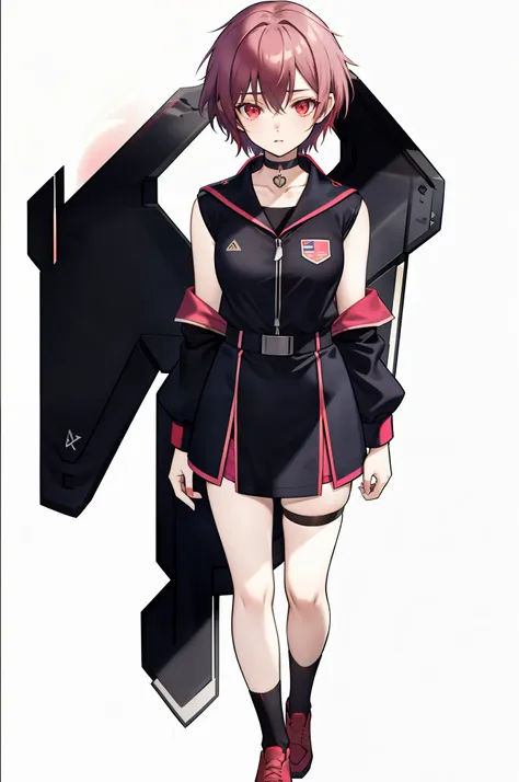 american tomboy girl, pink-red short hair, black choker necklace, black long sock, us airforce clothes, sexy, 2 f22 raptor wing,...