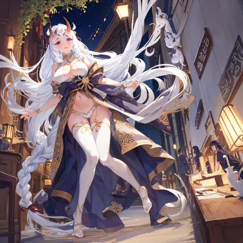 1girl full body standing, nice ass, BRIDESMAID, Hairstyle with a white braid, white color hair, BLINDFOLED, perfect lighting, muscular, thights, Mature woman, mummy, bellybutton, Abs, looks at the viewer (masterpiece, hiquality: 1.1) smile, Extremely huge ...