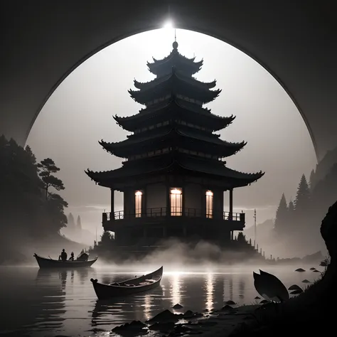 Chinese martial arts style, large area of sky, ink wind, contour light, atmospheric atmosphere, depth of field, rising fog, lake water, lotus lotus leaves, boats, pine trees, octagonal stone pavilion, arch bridge, night view, (no color)