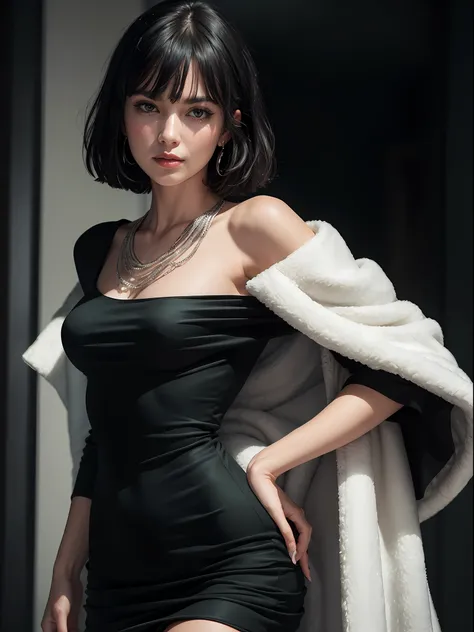 (masterpiece, best quality:1.4), (standing:1.2), (dinamic pose:1.3), 1girl, solo, fubuki, black hair, green eyes, short hair, black dress, (black dress:1.8), dress, (fur coat), high collar, jewelry, necklace, off shoulder, taut clothes, taut dress, looking...