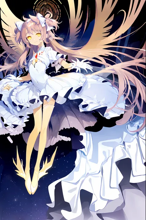 masterpiece, ultimate madoka,yellow eyes, white dress,night sky, smile, full body