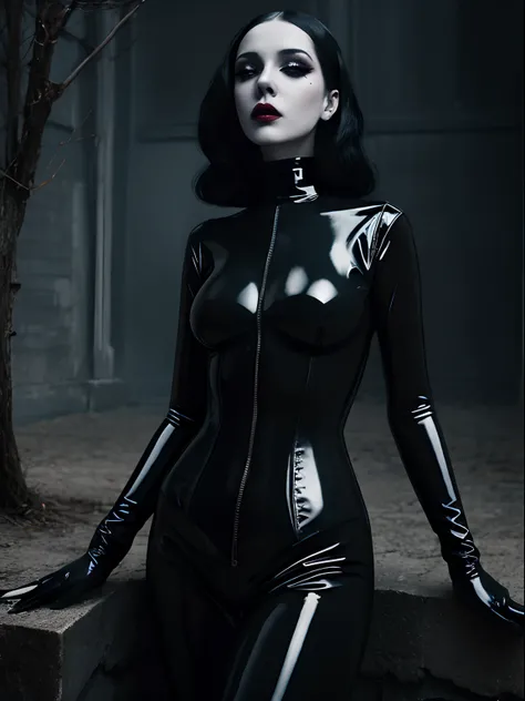 Beautiful gothic and futuristic woman with latex bodysuit, fashion model, very beautiful top model, fetish style, horror vibes, gothic fashion, natalie shau, sensual gloomy style, editorial of dior magazine, fashion magazine photography, “ sensual, killsta...