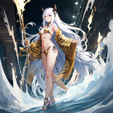 1girl full body standing, nice ass, yellow tiger bikini, Hairstyle with a white braid, white color hair, BLINDFOLED, perfect lighting, muscular, thights, Mature woman, mummy, bellybutton, Abs, looks at the viewer (masterpiece, hiquality: 1.1) smile, Extrem...