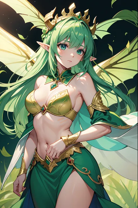 high-level elf godness, masterpeices, dragonflies wings, holy crest tattoo (on belly), elf crown, solo, lime green and white color, queen aura, perfect body shape, fantasy arts, world tree background, wind and leaves effect, make-up, cape, emerald accesory