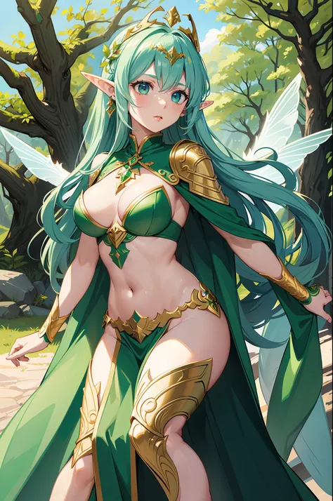 high-level elf godness, masterpeices, dragonflies wings, holy crest tattoo (on belly), elf crown, solo, lime green and white color, queen aura, perfect body shape, fantasy arts, world tree background, wind and leaves effect, make-up, cape, emerald accesory