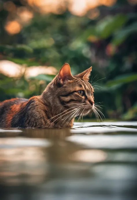 gato tomando banho no lago