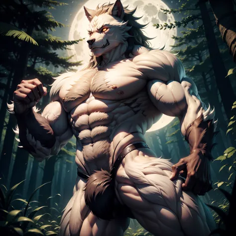 muscular werewolf，Solid white，ln the forest，during night，Hairy all over，clawed paws，erect through，moon full