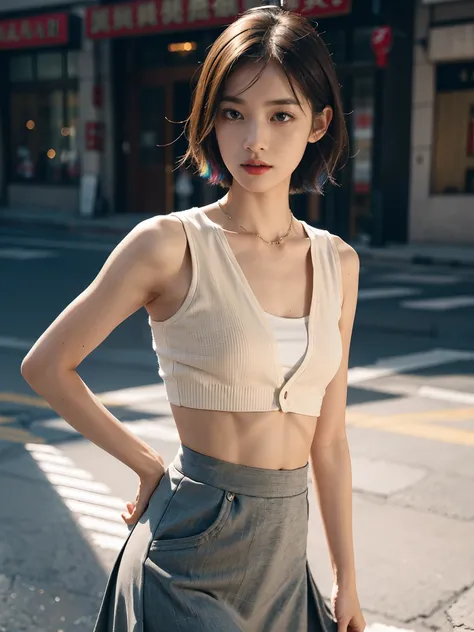 ((smallunderboob,Tomboyish,small heads)), (Well-defined abs: 1.1), (perfect bodies: 1.1), (short-length straighthair: 1.2), Black hair, collars, chain, Full body photo, crowding street, Wearing a gray vest，White cardigan，Long beige skirt split skirt，（极其细致的...