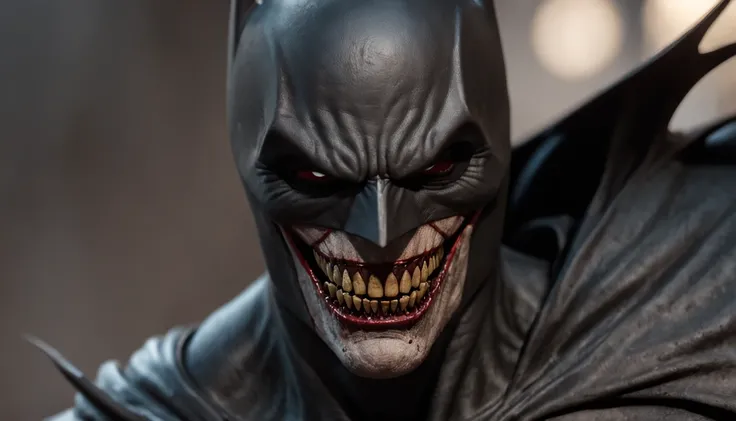 "Macabre Batman with demonic appearance inspired by the comic of Batman who laughs, fundo macabro e dark"